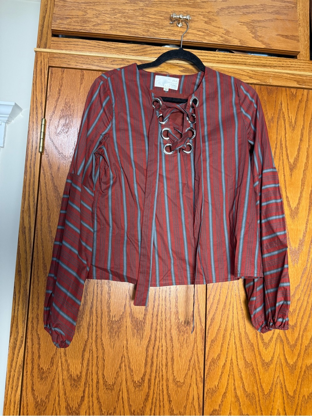 J.O.A. Burgundy Striped Lace-Up Long Sleeve Top